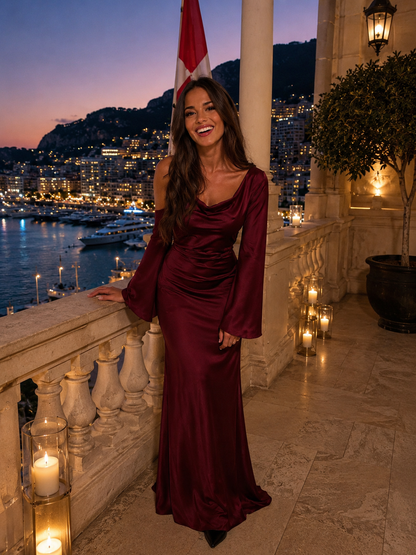 Women's Satin Maxi Dress with Long Sleeves