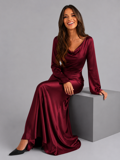 Women's Satin Maxi Dress with Long Sleeves