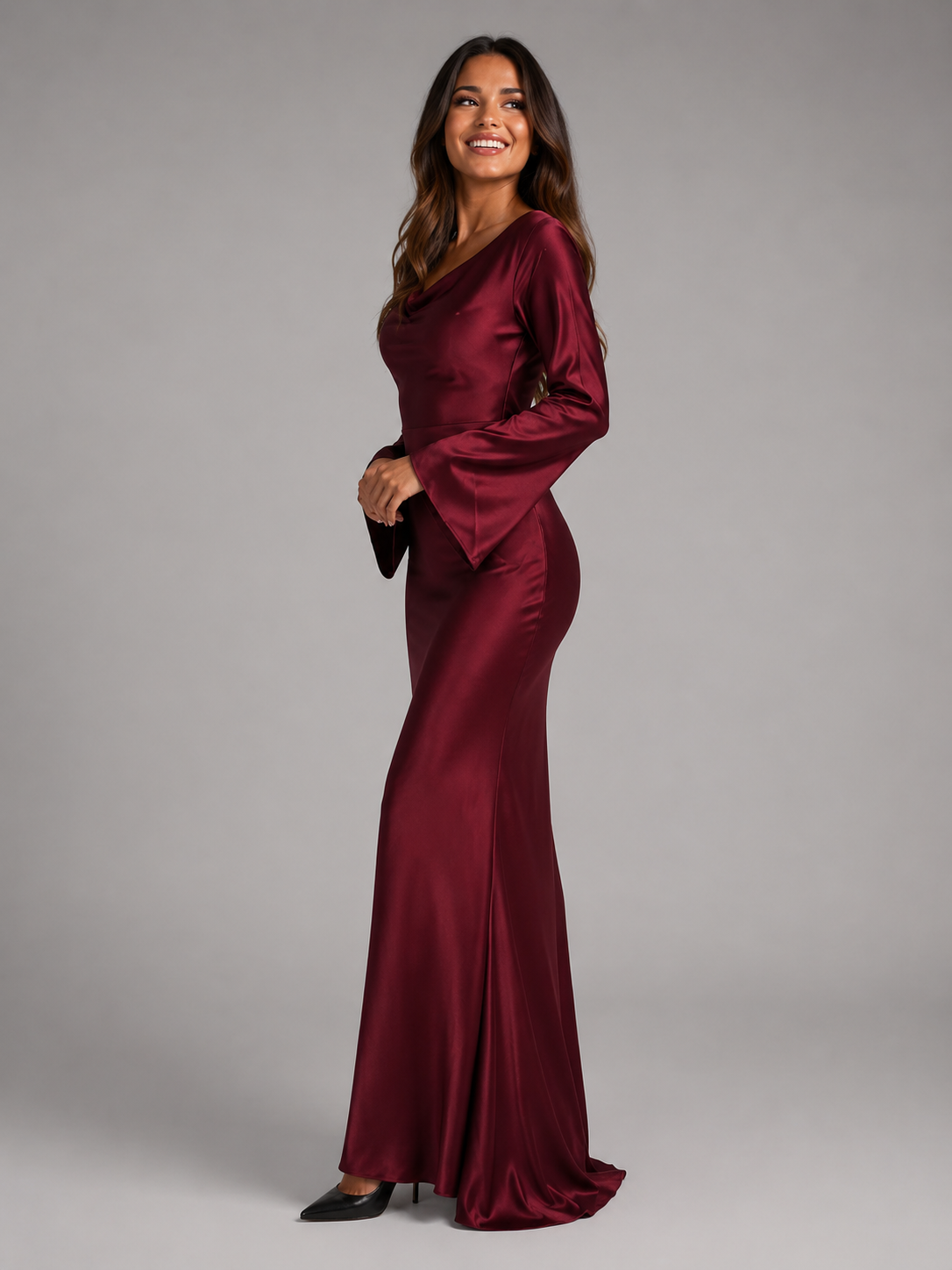 Women's Satin Maxi Dress with Long Sleeves