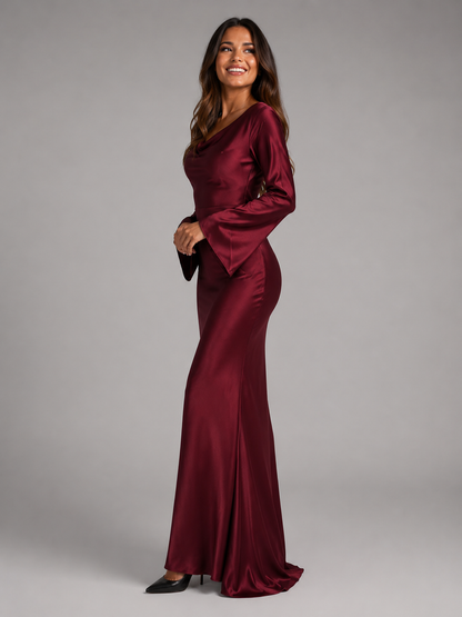 Women's Satin Maxi Dress with Long Sleeves