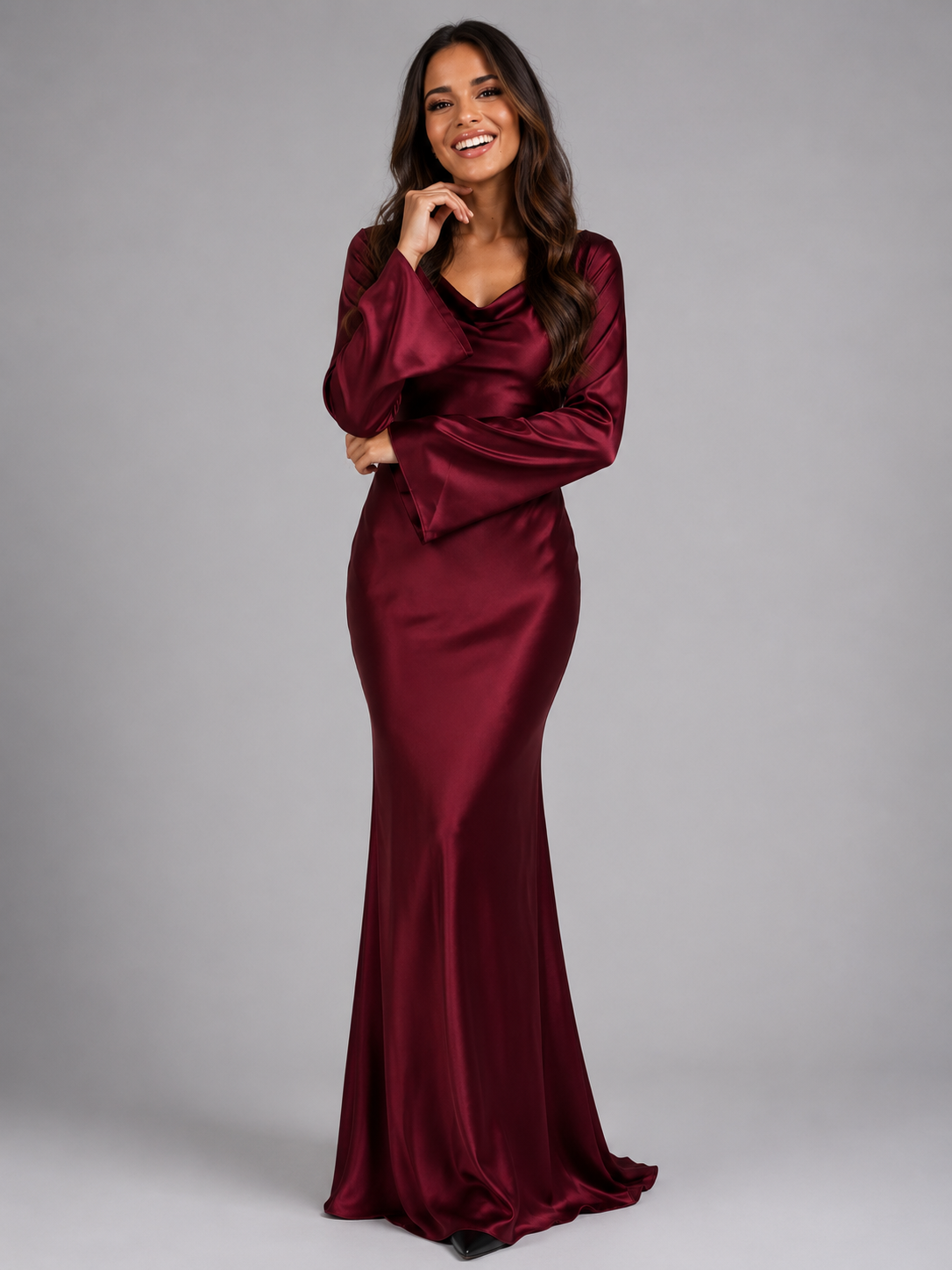 Women's Satin Maxi Dress with Long Sleeves