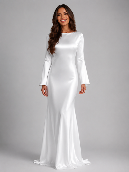 Women's Satin Maxi Dress with Long Sleeves