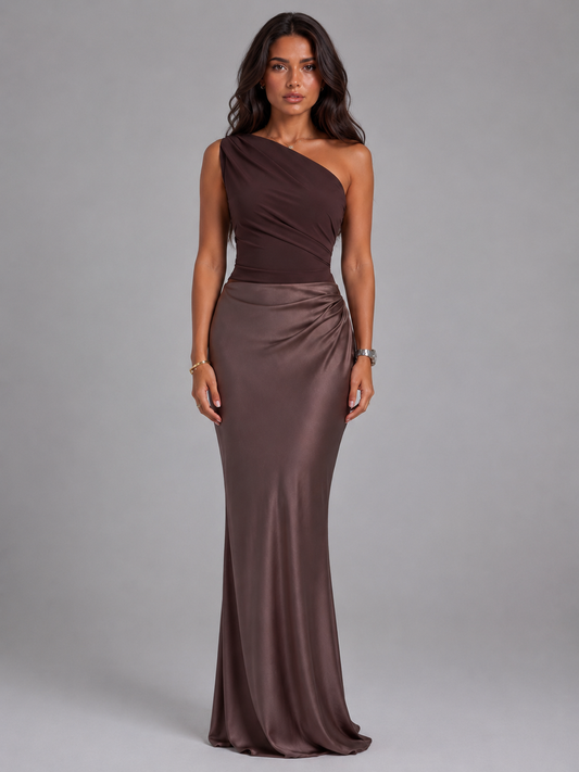Women's Satin Maxi Dress with One Shoulder Design