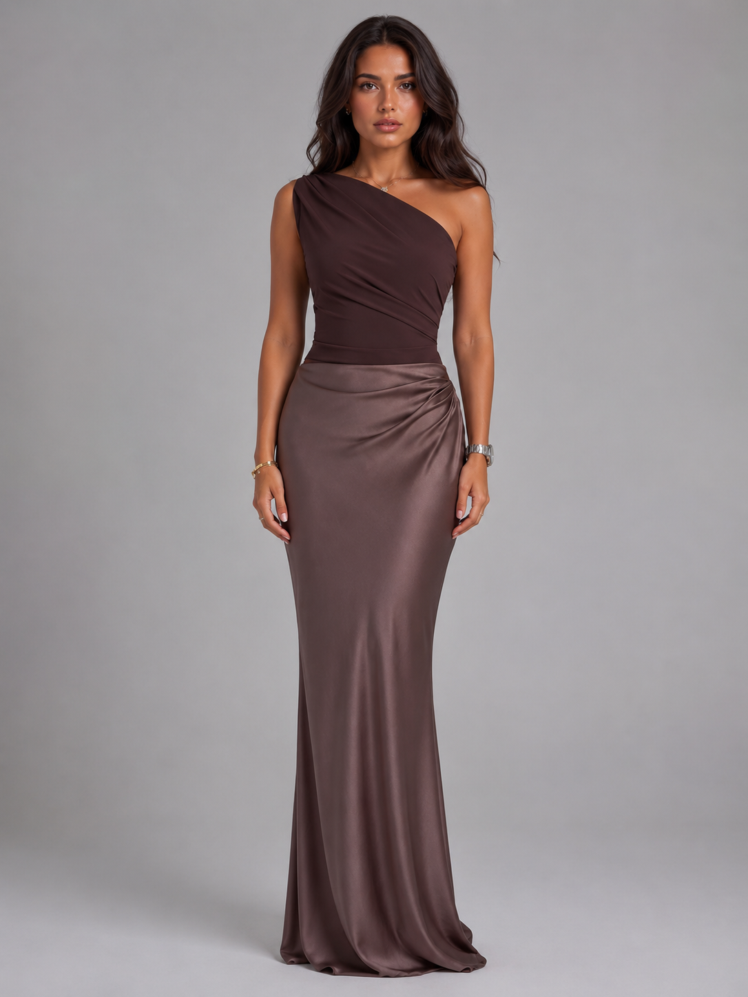 Women's Satin Maxi Dress with One Shoulder Design