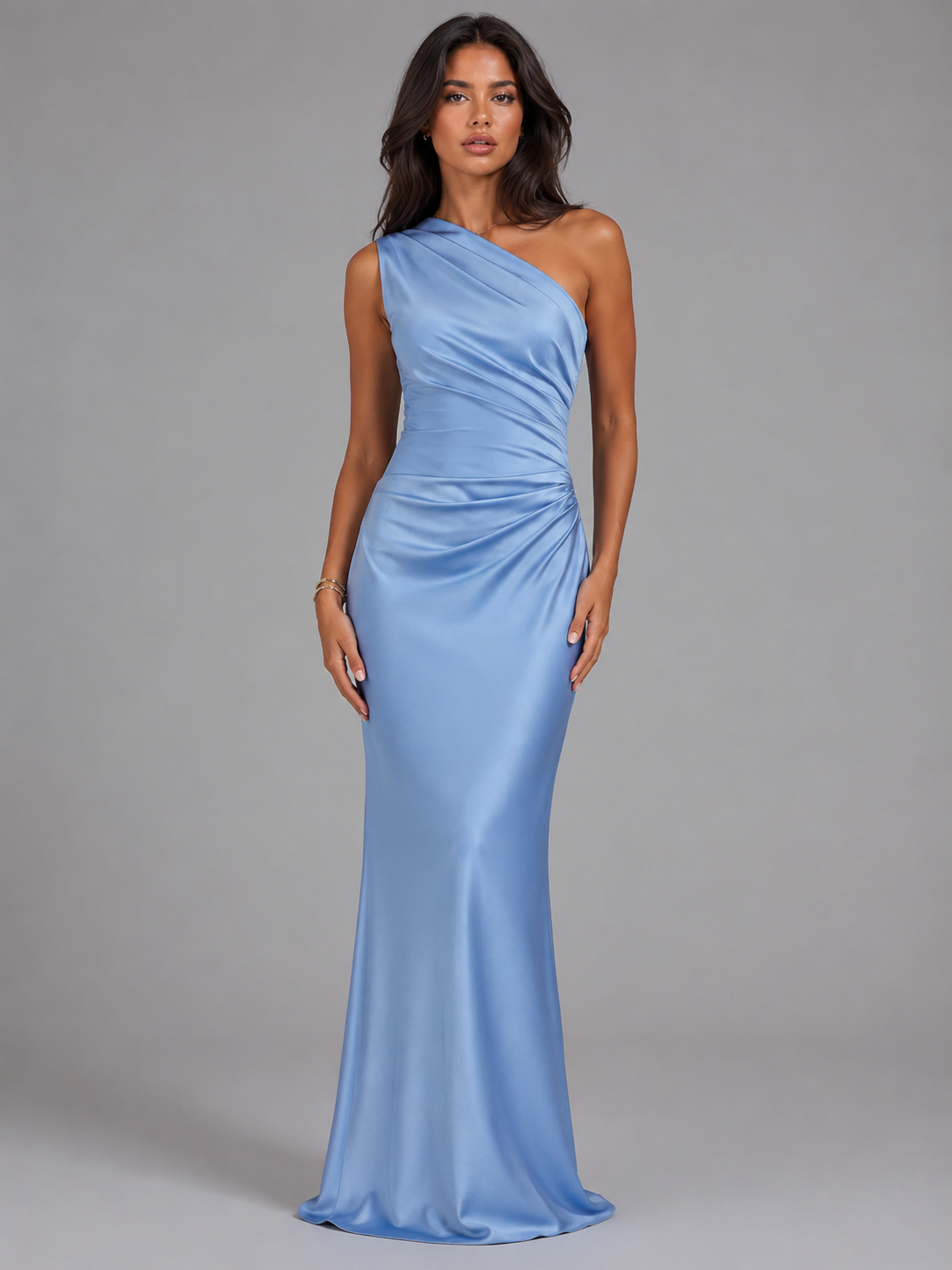 Women's Satin Maxi Dress with One Shoulder Design