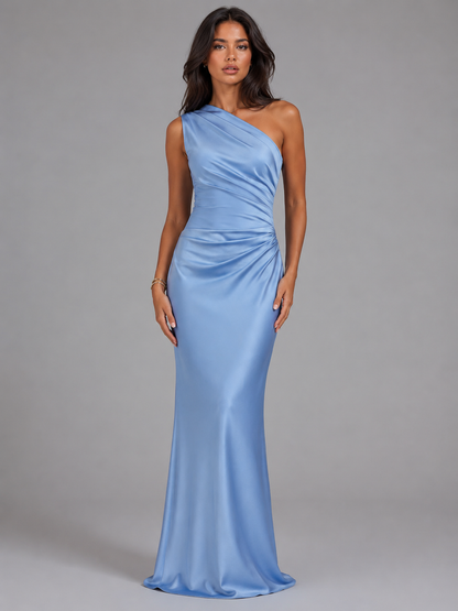 Women's Satin Maxi Dress with One Shoulder Design