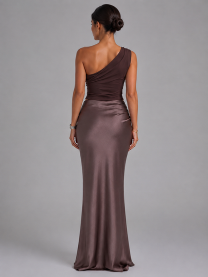 Women's Satin Maxi Dress with One Shoulder Design