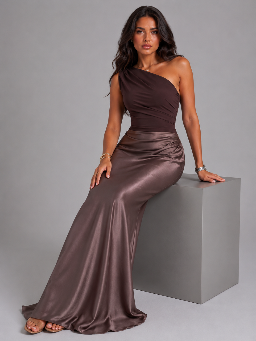 Women's Satin Maxi Dress with One Shoulder Design