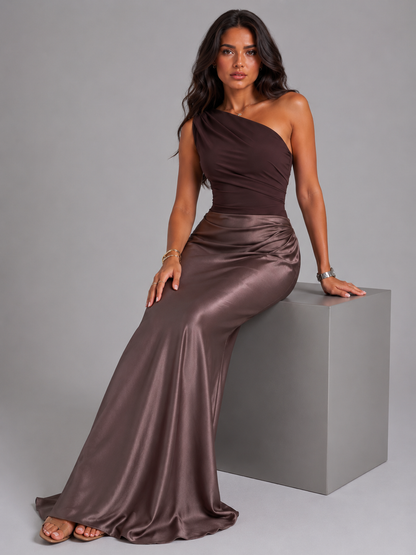 Women's Satin Maxi Dress with One Shoulder Design