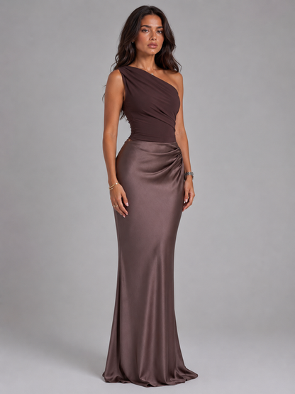 Women's Satin Maxi Dress with One Shoulder Design