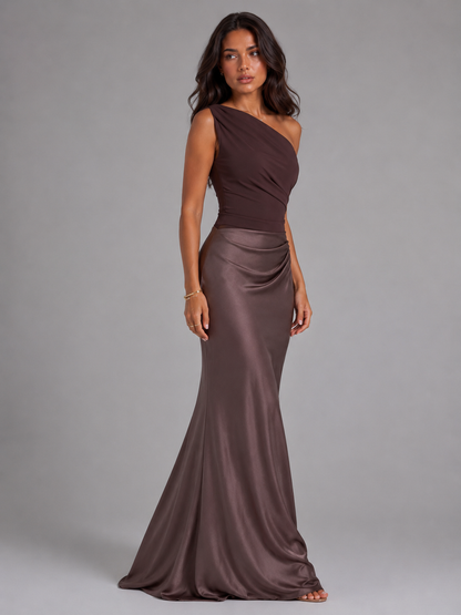 Women's Satin Maxi Dress with One Shoulder Design