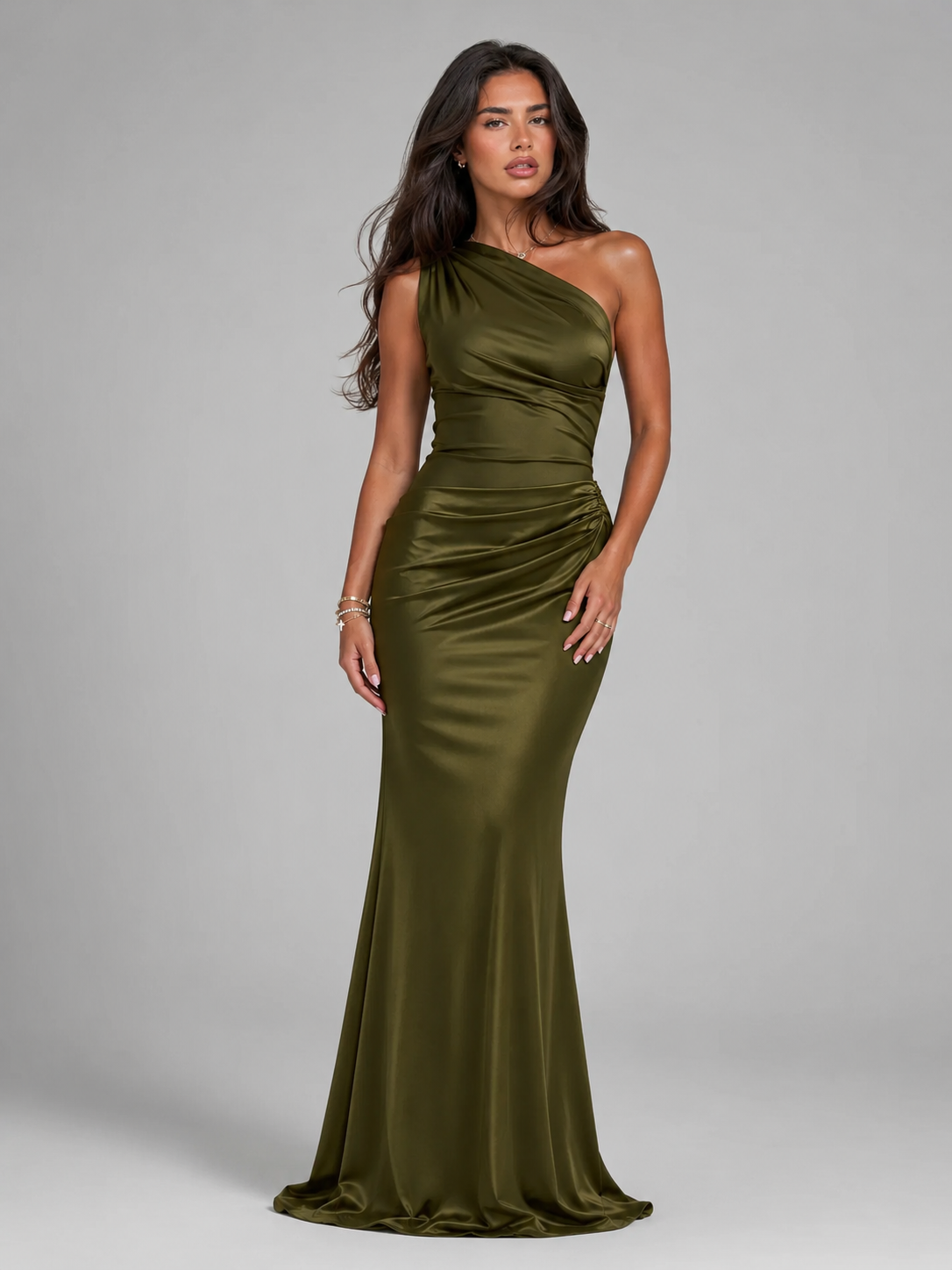 Women's Satin Maxi Dress with One Shoulder Design