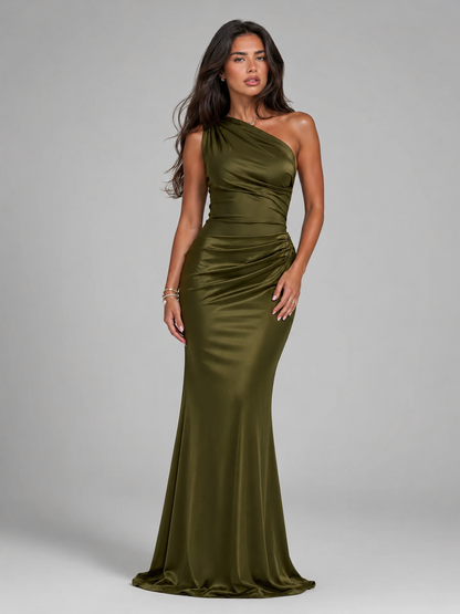 Women's Satin Maxi Dress with One Shoulder Design