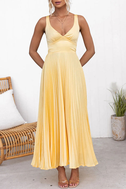 Women's Satin Maxi Dress with V-Neck and Pleated Design