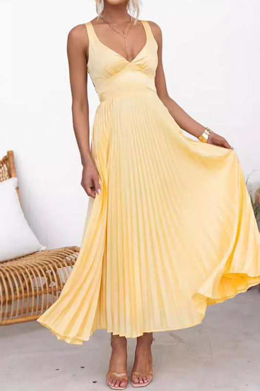 Women's Satin Maxi Dress with V-Neck and Pleated Design