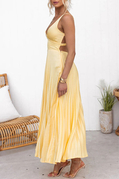 Women's Satin Maxi Dress with V-Neck and Pleated Design