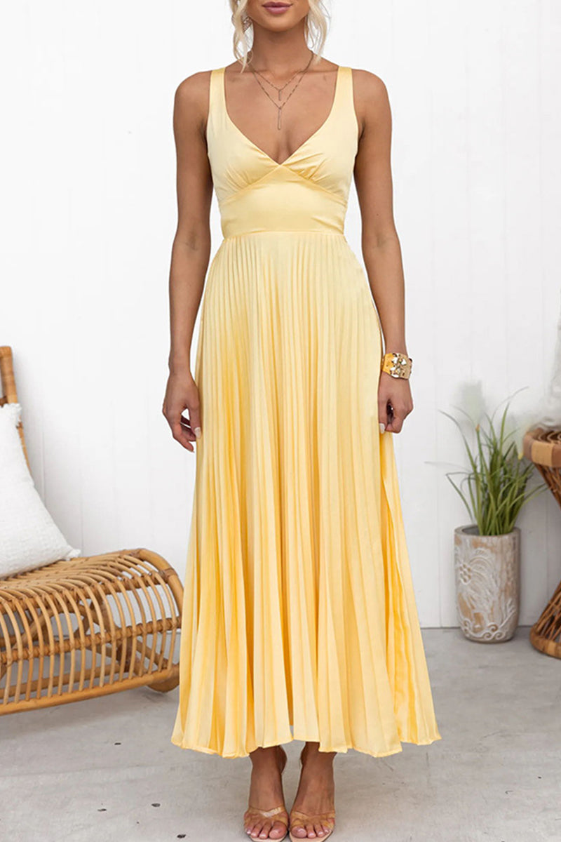 Women's Satin Maxi Dress with V-Neck and Pleated Design
