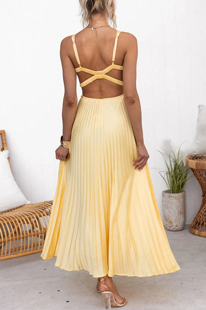 Women's Satin Maxi Dress with V-Neck and Pleated Design