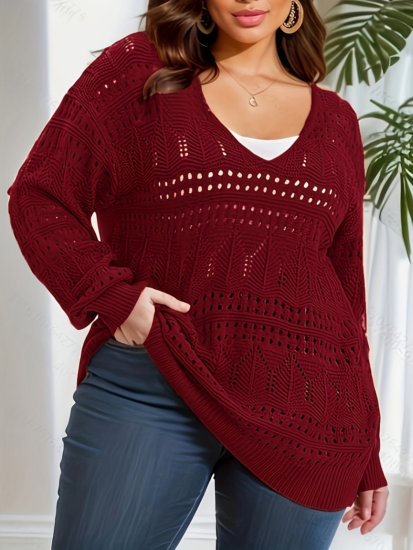 Women's Semi Sheer Knit Plus Size Top with V Neck - Elegant