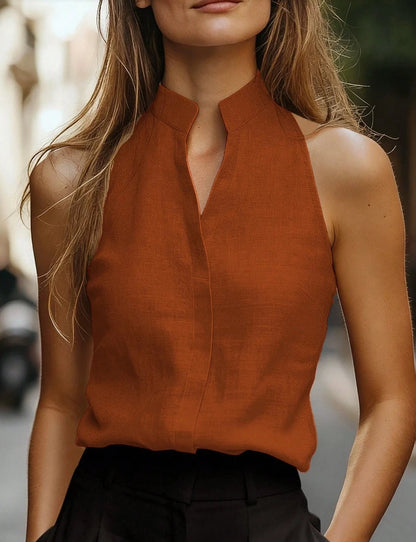 Women's Sleeveless Top with Stand Collar and Button Placket