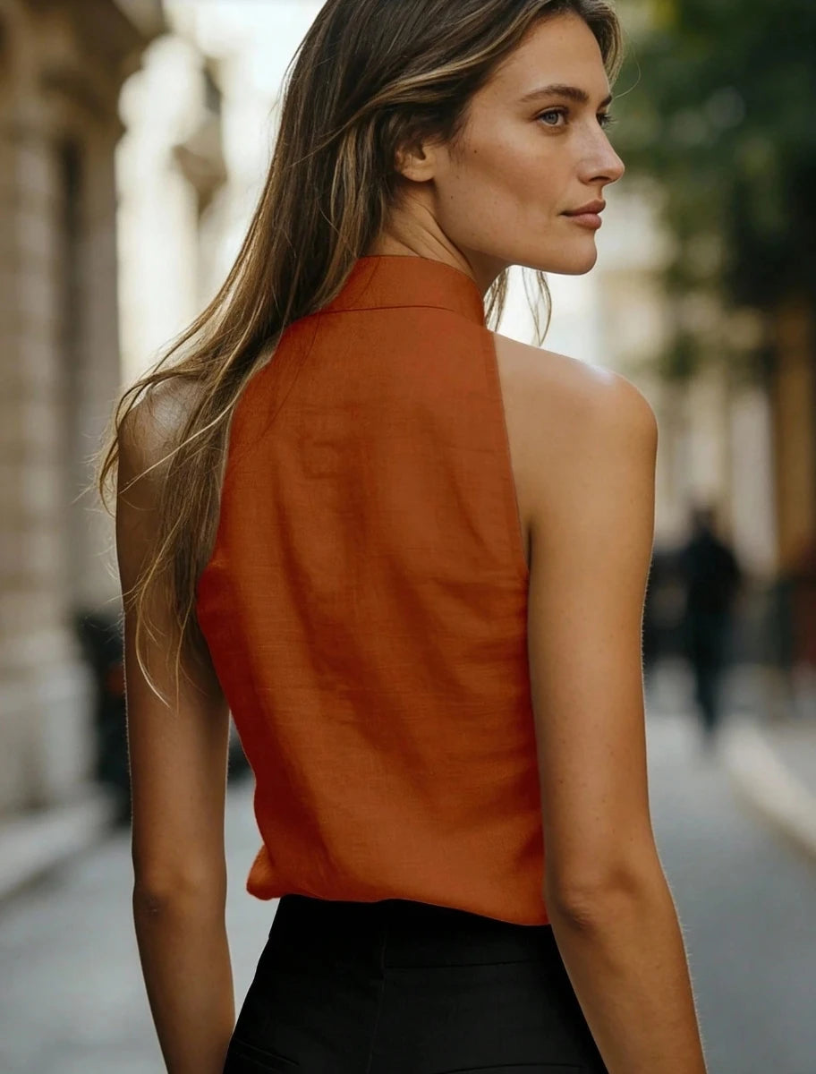 Women's Sleeveless Top with Stand Collar and Button Placket