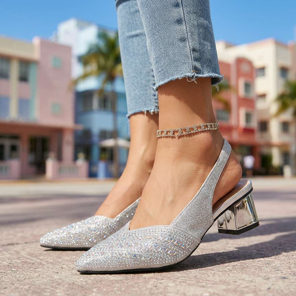 Women's Slingback Heels with Jewel Embellishments