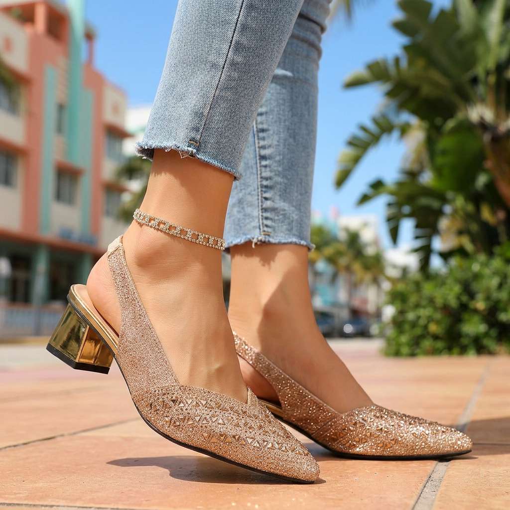 Women's Slingback Heels with Jewel Embellishments