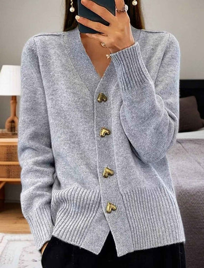 Women's Soft Knit Cardigan with V-Neckline and Gold Heart Buttons