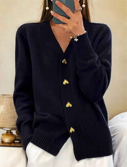 Women's Soft Knit Cardigan with V-Neckline and Gold Heart Buttons