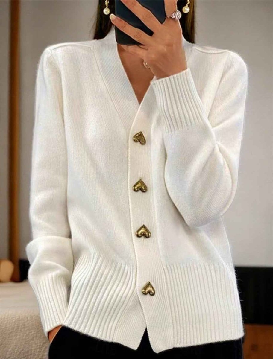 Women's Soft Knit Cardigan with V-Neckline and Gold Heart Buttons