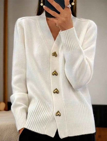Women's Soft Knit Cardigan with V-Neckline and Gold Heart Buttons