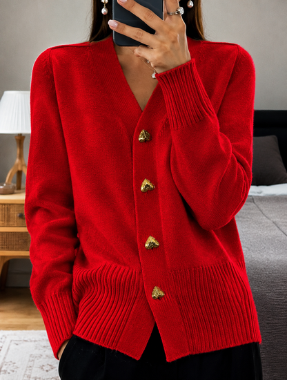 Women's Soft Knit Cardigan with V-Neckline and Gold Heart Buttons