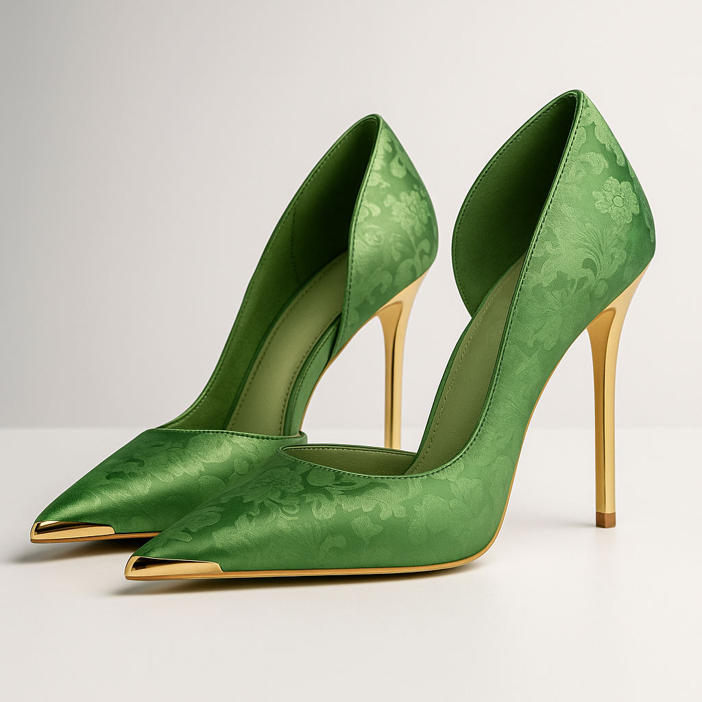Women's Stiletto Heels with Satin Jacquard and Metallic Gold Accent