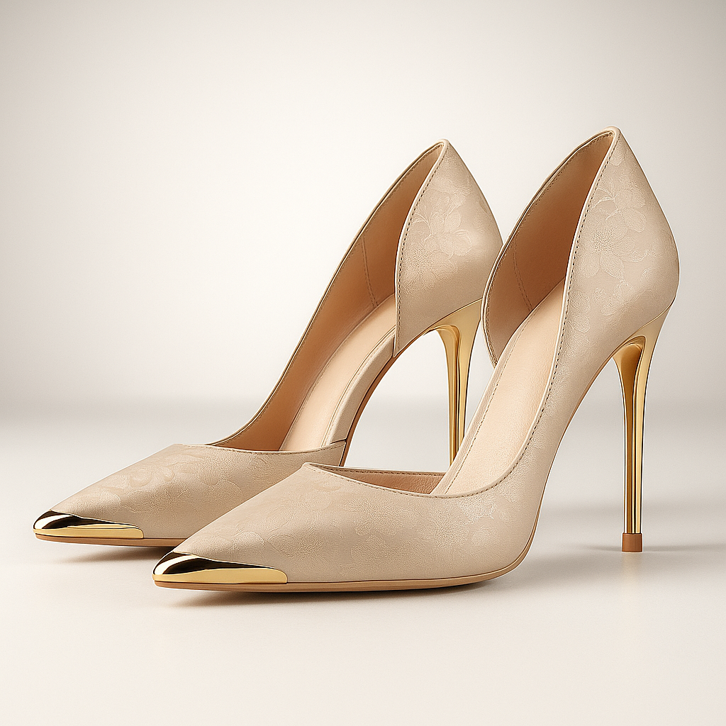 Women's Stiletto Heels with Satin Jacquard and Metallic Gold Accent