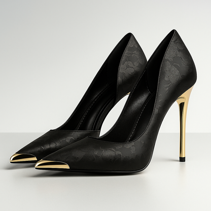 Women's Stiletto Heels with Satin Jacquard and Metallic Gold Accent