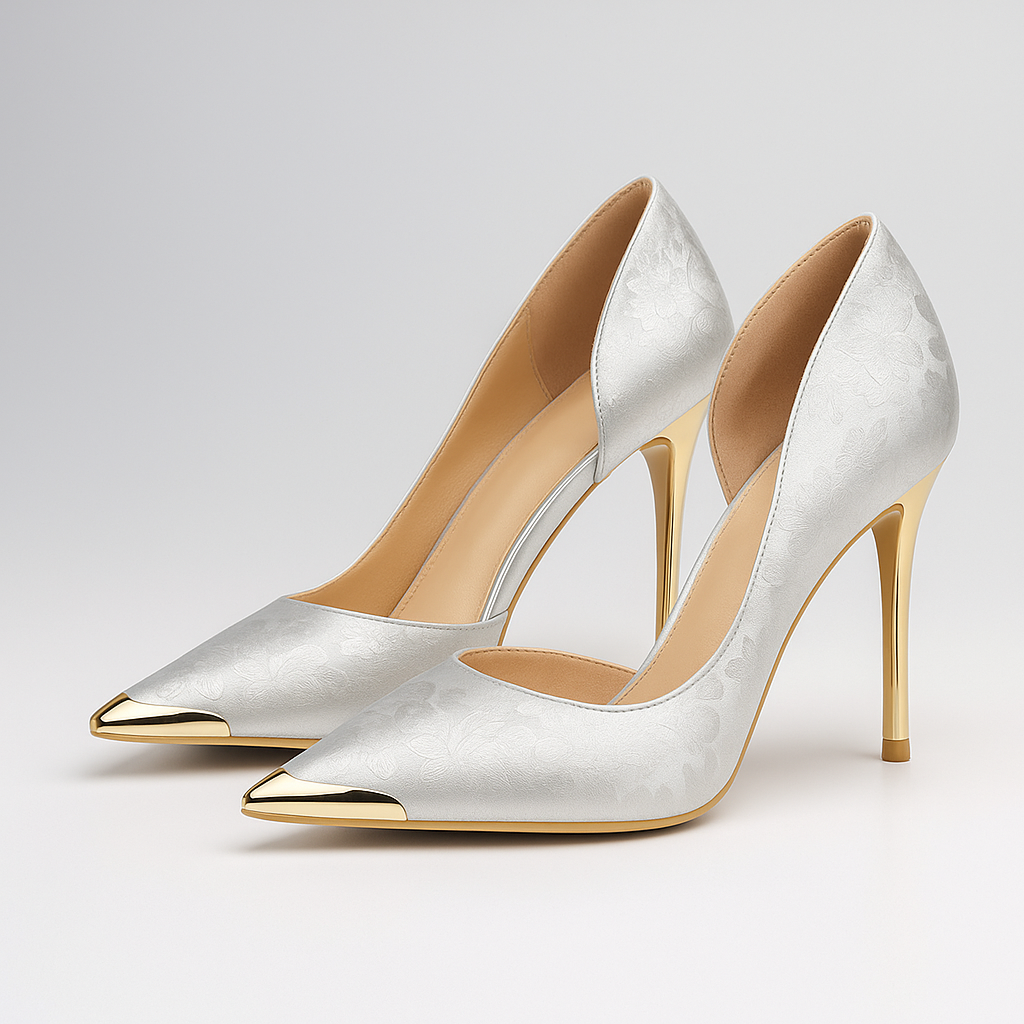 Women's Stiletto Heels with Satin Jacquard and Metallic Gold Accent