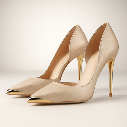 Women's Stiletto Heels with Satin Jacquard and Metallic Gold Tip