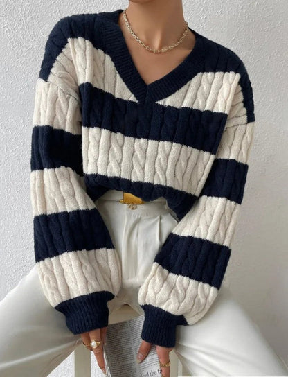 Women's Striped Cable Knit Jumper with V-Neck and Balloon Sleeves