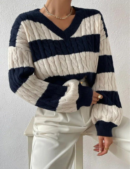 Women's Striped Cable Knit Jumper with V-Neck and Balloon Sleeves