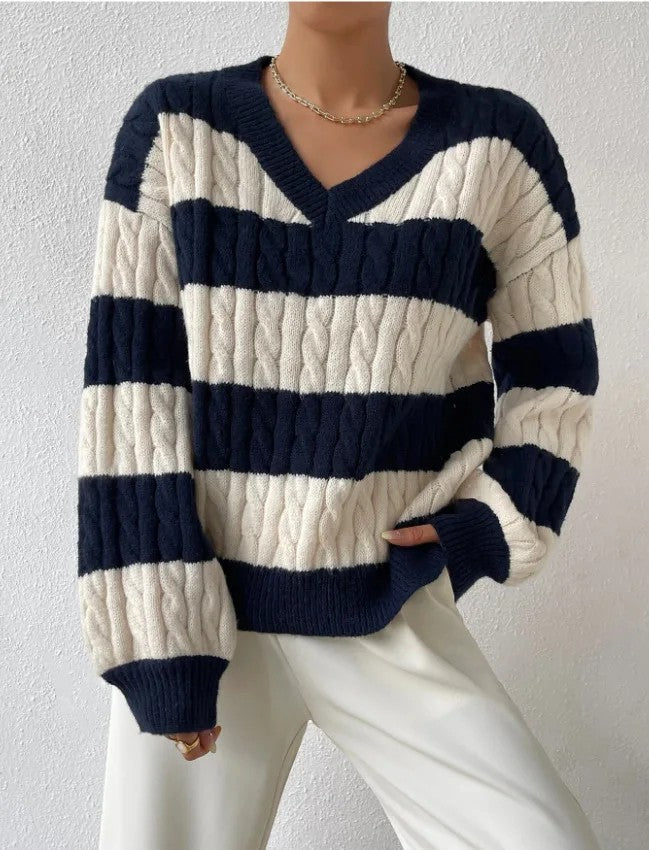 Women's Striped Cable Knit Jumper with V-Neck and Balloon Sleeves