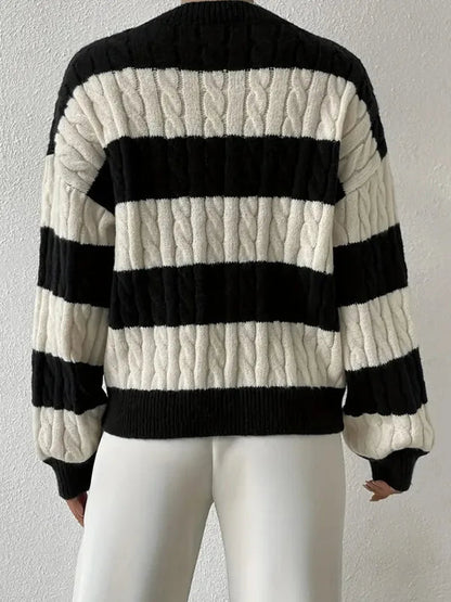 Women's Striped Cable Knit Jumper with V-Neck and Balloon Sleeves