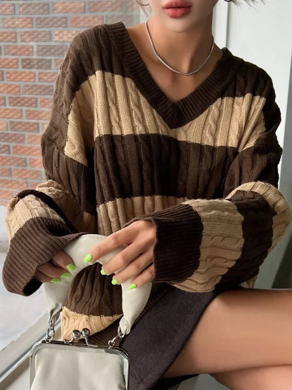 Women's Striped Cable Knit Jumper with V-Neck and Balloon Sleeves