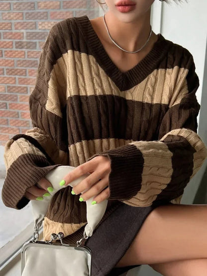 Women's Striped Cable Knit Jumper with V-Neck and Balloon Sleeves