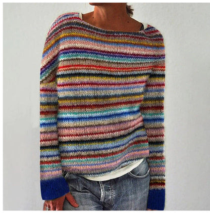Women's Striped Knit Sweater with Classic Crew Neck
