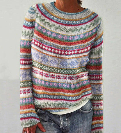 Women's Striped Knit Sweater with Classic Crew Neck