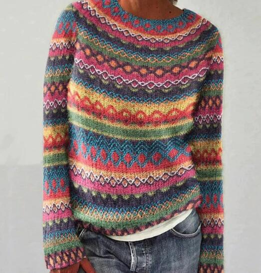 Women's Striped Knit Sweater with Classic Crew Neck