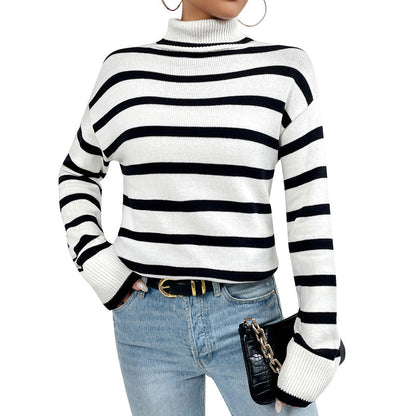 Women's Striped Sweater with High Collar and Loose Fit