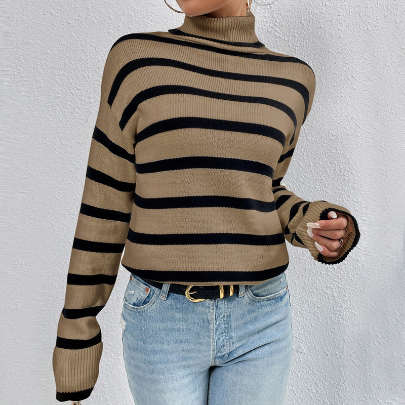 Women's Striped Sweater with High Collar and Loose Fit