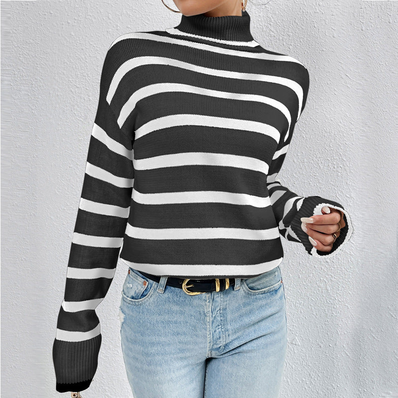 Women's Striped Sweater with High Collar and Loose Fit