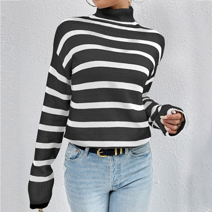 Women's Striped Sweater with High Collar and Loose Fit